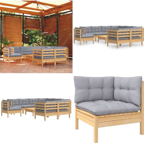 10-tlg. Garten-Lounge-Set mit Grauen Kissen Kiefer Massivholz - Gartensessel - Lounge Set - Gartenmöbeln - Outdoor Möbel - Rattan Sessel - Home & Living (1/5)