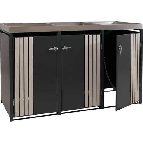 [NON UTILIZZATO] Copribidone triplo HHG-375, copricassonetto con fioriera, metallo 125x196x84cm 75kg, antracite effetto legno chiaro