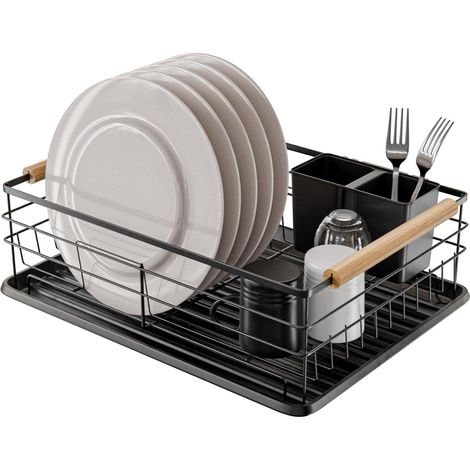 1 Égouttoir Acier, Poignée Bois, Plateau Dégouttage, Support Couverts, Cuisine (1/5)