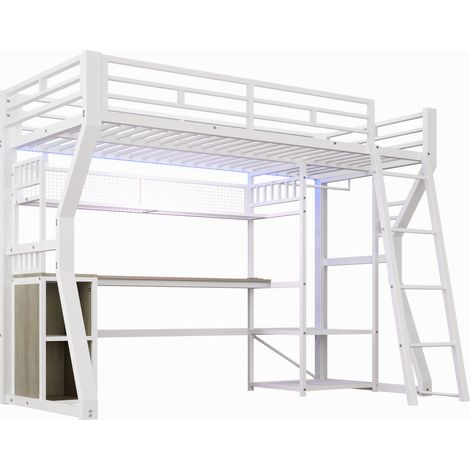Cama alta 90 x 200 cm de metal y MDF, LED, enchufe, escritorio y almacenaje, blanca (1/5)