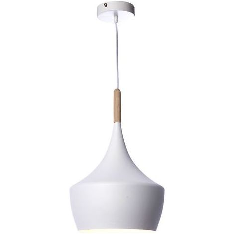 Suspension métal blanc avec finition bois clair, diamètre 24 cm, design contemporain JAVA. (1/3)