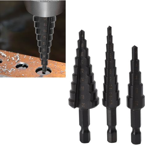 3-teiliges Stufenbohrer-Set aus HSS, Sechskantgriff für Metall, Holz und Dämmplatten – 4–20 mm, 3–12 mm, 4–12 mm (1/5)