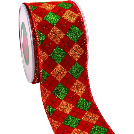 Nastro per decorazioni natalizie di velluto quadrettato con brillantini da 6.7 cm x 9 m (1/4)