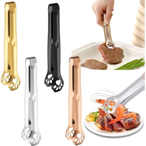 Lot de 4 pinces alimentaires en acier inoxydable - Motif pattes de chat antidérapantes - Pince à épiler en métal - Pince à épiler spéciale desserts - Ustensiles de cuisine (1/5)