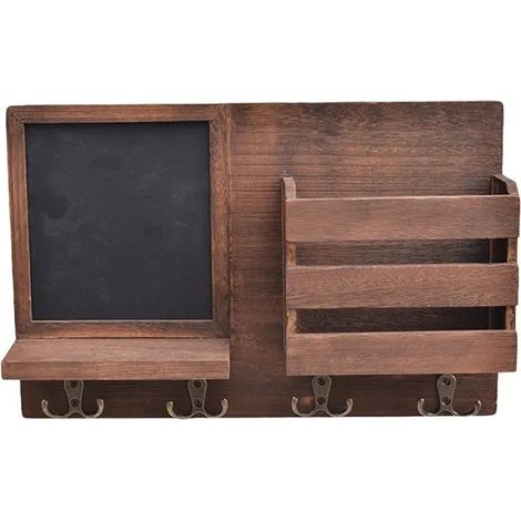 Porte-clés mural en bois massif avec étagère, marron, pour l'organisation de l'entrée (1/5)