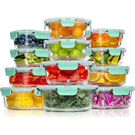 Boite Alimentaire Verre avec Couvercle Hermétique - Lot de 12 Lunch Box Verre Réutilisables, Sans BPA, Compatibles Micro-ondes, Four, Lave-vaisselle, Congélateur, Vert (1/5)