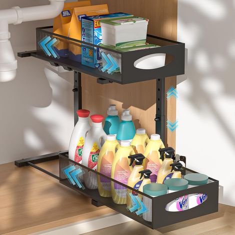 Rangement sous Évier,2 Niveaux Organisateur sous Evier Cuisine,Hauteur Réglable Rangement Souss Eviers Cuisine,Tiroir Coulissant,pour Cuisines,Placard,Salle de Bain,Noir,1 Pièce (1/5)