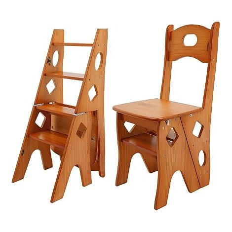 Escabeau Chaise 2-en-1 à 4 Marches, Chaise Échelle Pliable, Bois de Pin Verni, Capacité 100 kg, Léger et Polyvalent, pour Salon, Cuisine, Bibliothèque, Jardin (Caramel) (1/5)