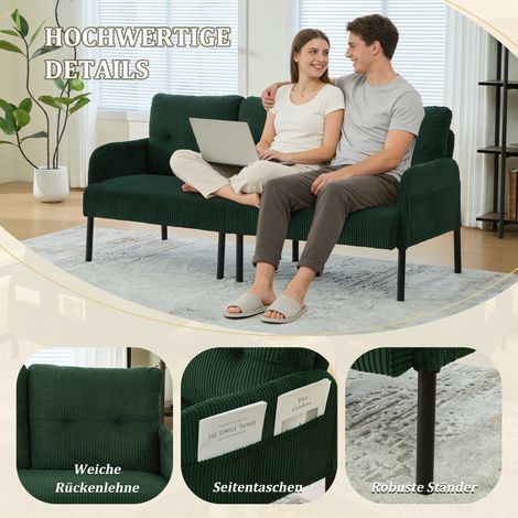 Cordélia fauteuil 3 places, assise moelleuse et dossier haut, avec poches latérales pratiques. Pieds métalliques stables, construction robuste. Idéal salon, chambre ou bureau à domicile. (1/5)