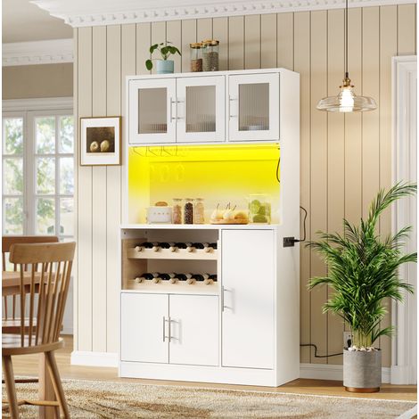 Credenza da cucina alta con illuminazione a LED RGB, porta USB, portabicchieri e portabottiglie, 100x40x180 cm, MDF bianco (1/5)