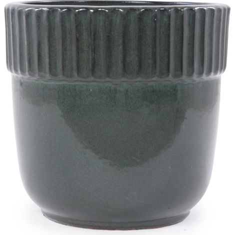 Maceta de cerámica artesanal verde oscuro Ø 38 cm con ranuras decorativas y orificios de drenaje (1/5)