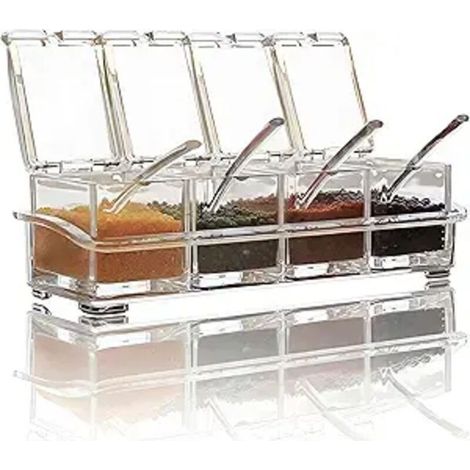 Pot à épices transparent en acrylique pour cuisine, récipient à épices avec 4 cuillères, bouteille et bocaux à épices, lot de 1 contenant pour rangement des condiments (1/4)