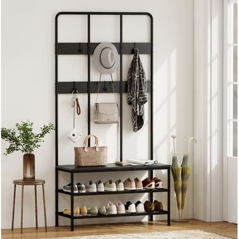 MEUBLIV Schwarze 3-in-1-Garderobe mit Bank, 6 Haken und Schuhablage (1/5)