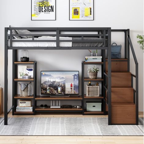 Hochbett 140x200 mit TV-Halterung, Steckdose und Stauraumtreppe aus Metall und MDF, Schwarz OKWISH (1/5)