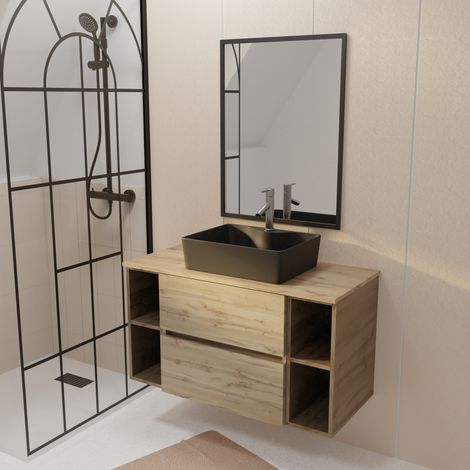 Mobile Bagno 100 TIMBER - Finitura Rovere 2 cassetti Lavabo Nero Rettangolare Specchio 60x80