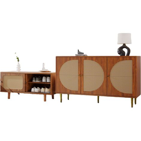 Sideboard und Schuhschrank mit 3 Türen und 2 Schiebetüren, aus Spanplatte, Walnuss (1/5)