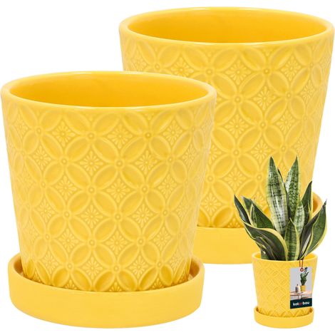 KOTARBAU® 2 piezas Maceta Redonda Mostaza 13 cm Maceta con Bandeja Cerámica Esmaltada Maceta para Flores y Hierbas Cubierta para Plantas