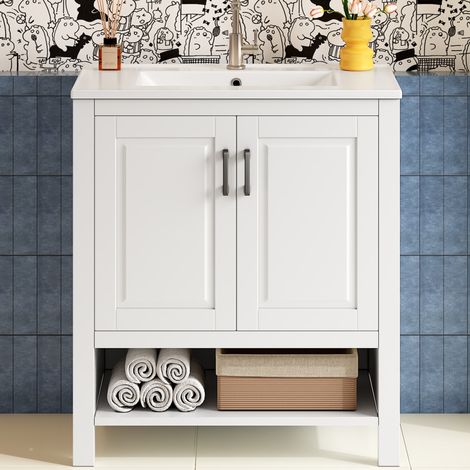 Meuble sous vasque avec vasque céramique - meuble de salle de bain 2 portes et étagère - Meuble salle de bain sur pied - étanche laqué blanc moderne (1/5)
