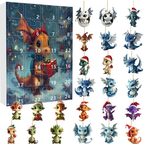 Drachen-Adventskalender 2026 – 24-teilige 2D-Acryl-Hängedekorationen mit niedlichen Drachen – stimmungsvoller Weihnachtsbaumschmuck (1/5)