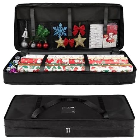 Sac Rangement Papier Cadeau, 600D Oxford Imperméable, Indéchirable Rangement Papier Cadeau avec Séparateur et Poignée, pour Rouleaux d'Emballage Noël et d'Anniversaire (82 13 34cm) (1/5)