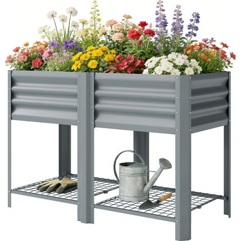 Table de culture surélevée pour jardin urbain avec étagère inférieure, en métal galvanisé avec revêtement, 120 x 55 x 80 cm, gris argenté (1/5)