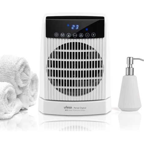 Ufesa Persei - Riscaldatore digitale da 2000 W, IP21, per bagno, 3 livelli di potenza termica/freddo, base oscillante, termostato regolabile, timer 24 ore, display LED, protezione da surriscaldamento (1/4)