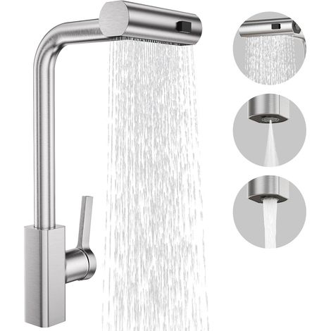 Robinet de Cuisine Professionnel avec Douchette Rétractable à 3 Modes, Mitigeur Monocommande en Acier Inoxydable, pour Éviers à 1 Trous, Cuisine, Bar, Camping-Car, Finition Nickel Brossé (1/5)