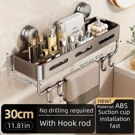 (30 cm carré XP) Étagère murale de rangement en plastique à ventouses, facile à installer, pour ranger shampoing, savon et produits de toilette dans la salle de bain. (1/5)