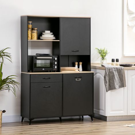 Buffet haut design industriel multi-rangement - 3 portes avec étagère, tiroir, niche, grand plateau - métal noir