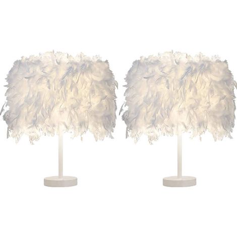 Set of 2 Feather Light Fixture, Bedside Lamp, Modern Table Lamp, Button Switch, E27 Holder, Home Bedroom Decoration, White
