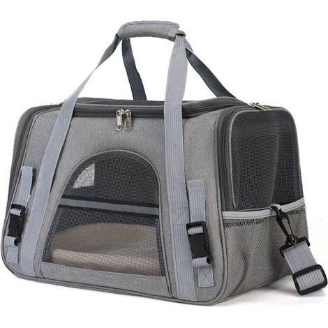 1 cage de transport pour chat, avec poches latérales, matelas intégré, gris, 45 x 22 x 28 cm, pour chats et petits chiens (1/5)
