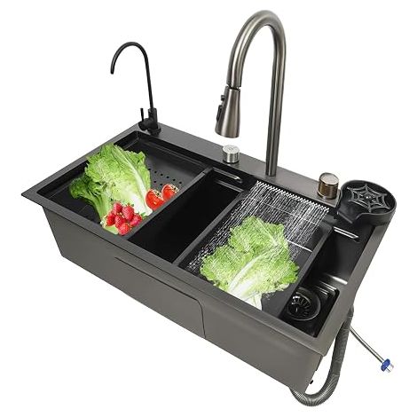 Évier de cuisine en acier inoxydable 70 x 35 x 20 cm - Avec quatre modes de sortie - Avec planche à découper - Tableau de drainage - Robinet extensible (1/5)