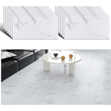 Sol PVC Adhesif Effet Marbre Blanc Dalle PVC Adhesive Sol Salle de Bain Cuisine Stickers Carrelage Marbre Blanc Salon Dalle Garage Autocollant Amovible 60 cm × 30 cm 12 Pièces (1/5)