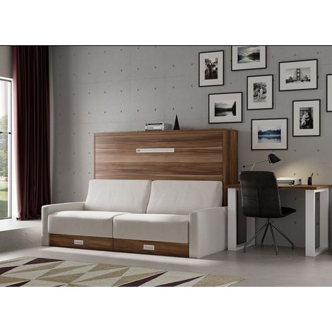 Lit escamotable horizontal avec canapé tissu Vetal 160x200 cm - Canapé Camel - Structure et Façade Ebene (1/5)