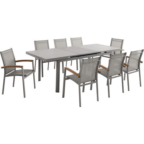 Salle à manger de jardin en aluminium : une table extensible L.180/240cm et 8 fauteuils empilables avec accoudoirs acacia - Taupe - NAURU de MYLIA