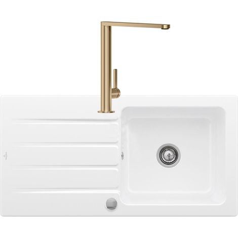 Evier 1 bac VILLEROY ET BOCH Architectura 60 vidage auto + Robinet de cuisine Finera Or Mat