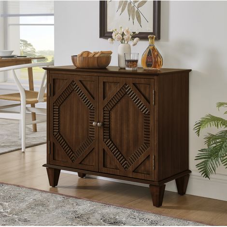 Aparador retro de madera con amplio espacio de almacenamiento, estante ajustable y patas de madera, estilo antiguo - nogal (1/5)