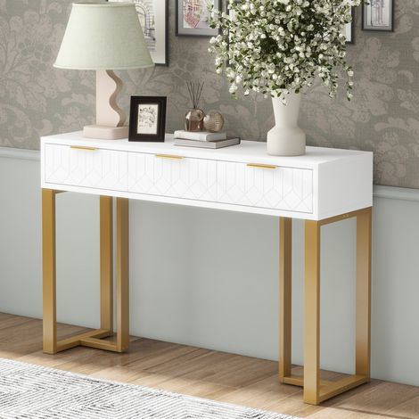 Console con 3 cassetti 120 x 36 x 80 cm, struttura in metallo dorato, bianco e oro DESVIAE (1/5)