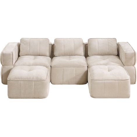 Modulares U-Sofa 3-Sitzer mit 2 Hockern, beiger Polyesterbezug, ohne Montage (1/5)