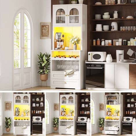 Armoire haute avec portes vitrées cintrées, éclairage LED par application et synchronisation musicale, étagères réglables, casier à vin, prise USB, système anti-basculement, pour salon & salle à mange (1/5)