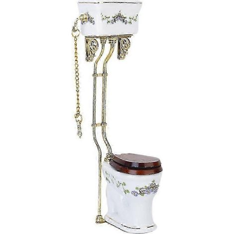 Salle de bain de style victorien vintage, toilettes miniatures en porcelaine blanche et dorée pour maison de poupée (1/5)