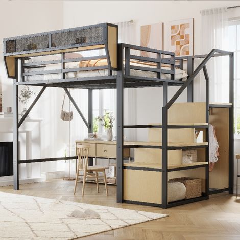 Hochbett 140x200 mit flexiblem Staufach und Sicherheitsleiter, platzsparendes Metallbett schwarz für Erwachsene und Kinder, 150kg Tragkraft (1/5)