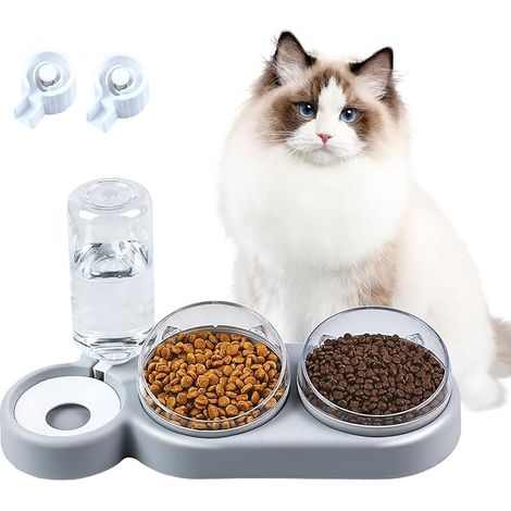 Bol surélevé double bol incliné à 15 ° anti - vomissements bol pour animaux de compagnie 3 en 1 stockage automatique de l'eau pour chats et chiots (gris) (1/5)
