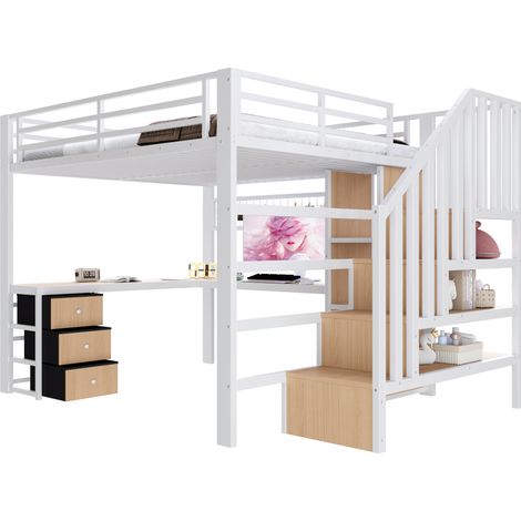 Lit Élevé 140x200cm - Métal avec LED, Bureau & Rangements - Pour Enfant, Chambre - Blanc (1/5)