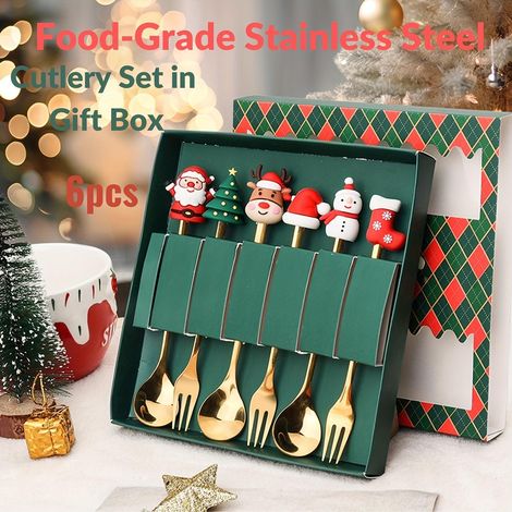 Coffret cadeau de 6 couverts de Noël en acier inoxydable de qualité alimentaire (cuillère et fourchette) (1/3)