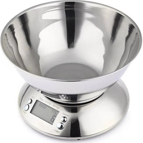 Balance de cuisine en acier inoxydable 5 kg avec bol - Balance alimentaire numérique de précision pour la pâtisserie, la cuisine, les grillades, accessoires de cuisine et de barbecue. (1/5)