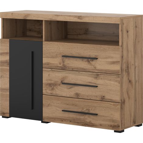 Cómoda Sorciro 102, Negro + Roble wotan, Con cajones y puertas, Número de cajones: 3, 92x120x39cm