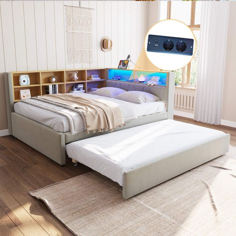 Lit gigogne 140x200 cm avec couchage 90x190 cm, LED, prises USB + Type-C, rangements, sommier à lattes inclus, flanelle gris clair (1/5)