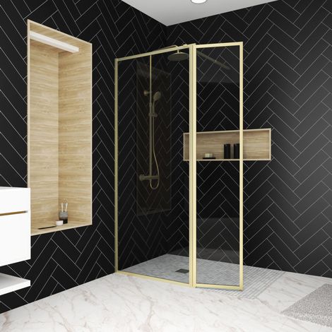 paroi de douche avec volet pivotant 80+40x200 cm - finition or doré brossé - goldy contouring