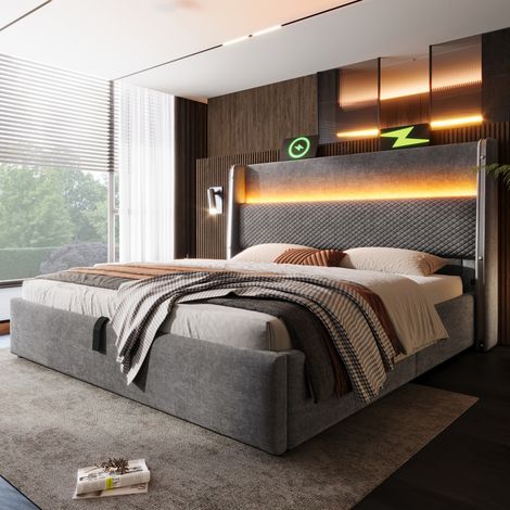 MEUBLIV Cama canapé 140x200 cm gris con cabecero alto, LED y USB/Type-C, sin colchón (1/5)